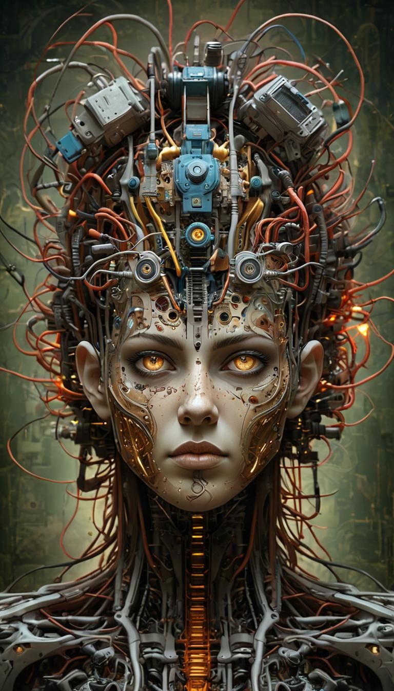 Mechanical Body in Electrical Circuit Wall - Cyberpunk Art