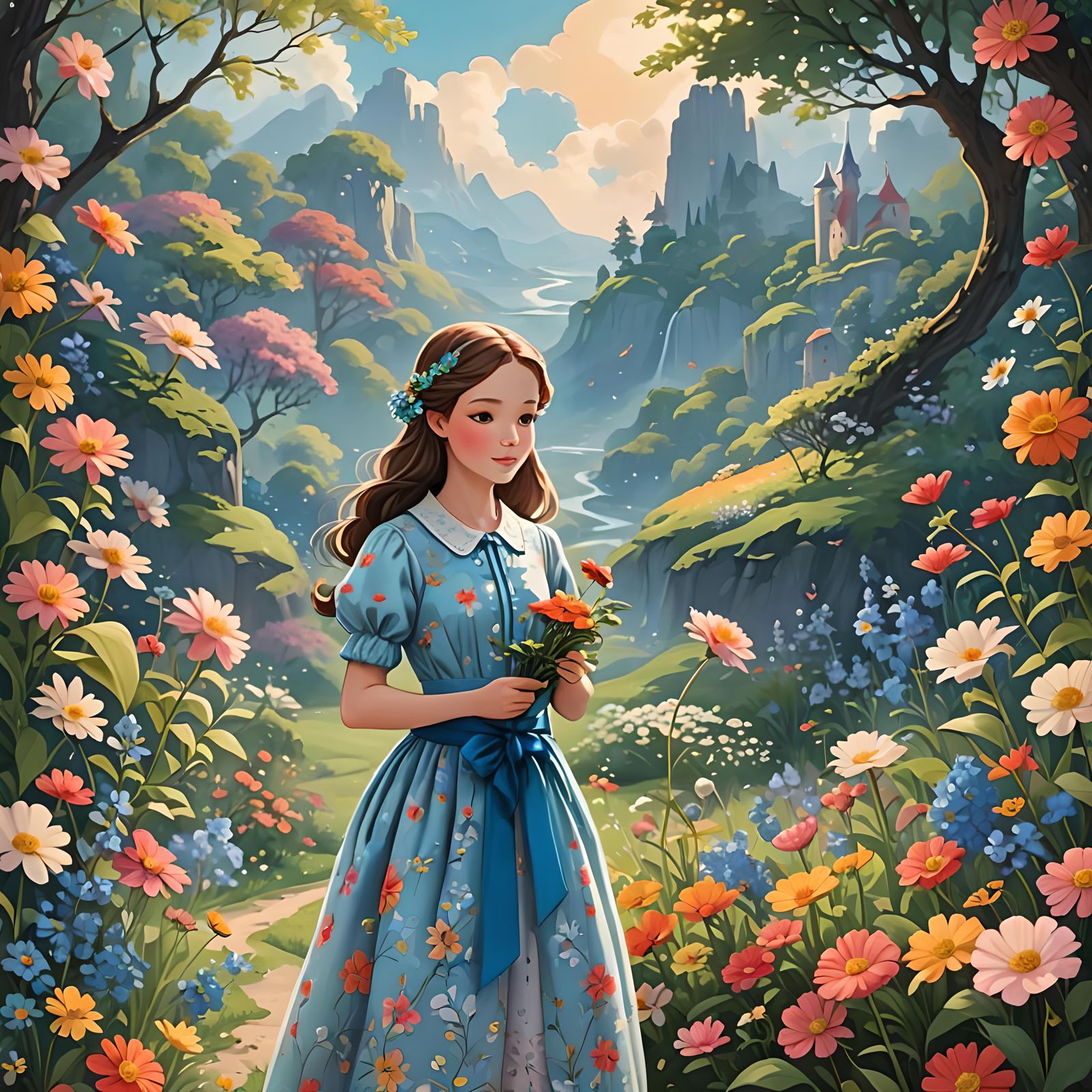 Enchanting Magical Woman in Fairytale Landscape Illustration