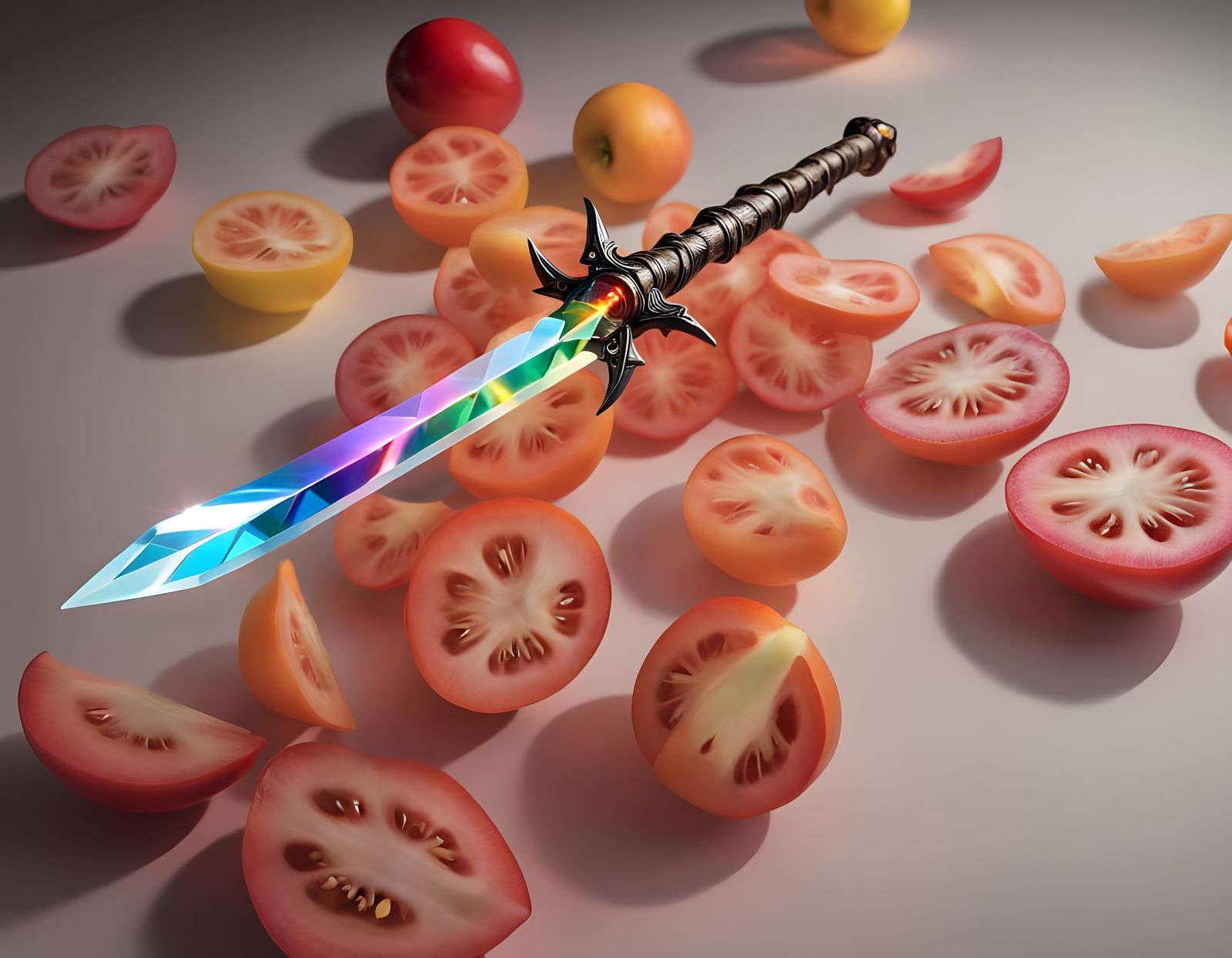 Diamond Blade in Mid-Air, Surrounded by Splattered Tomatoes