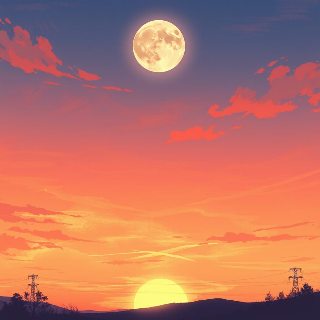 Anime Sunset with a Majestic Moon in Dreamy Hues