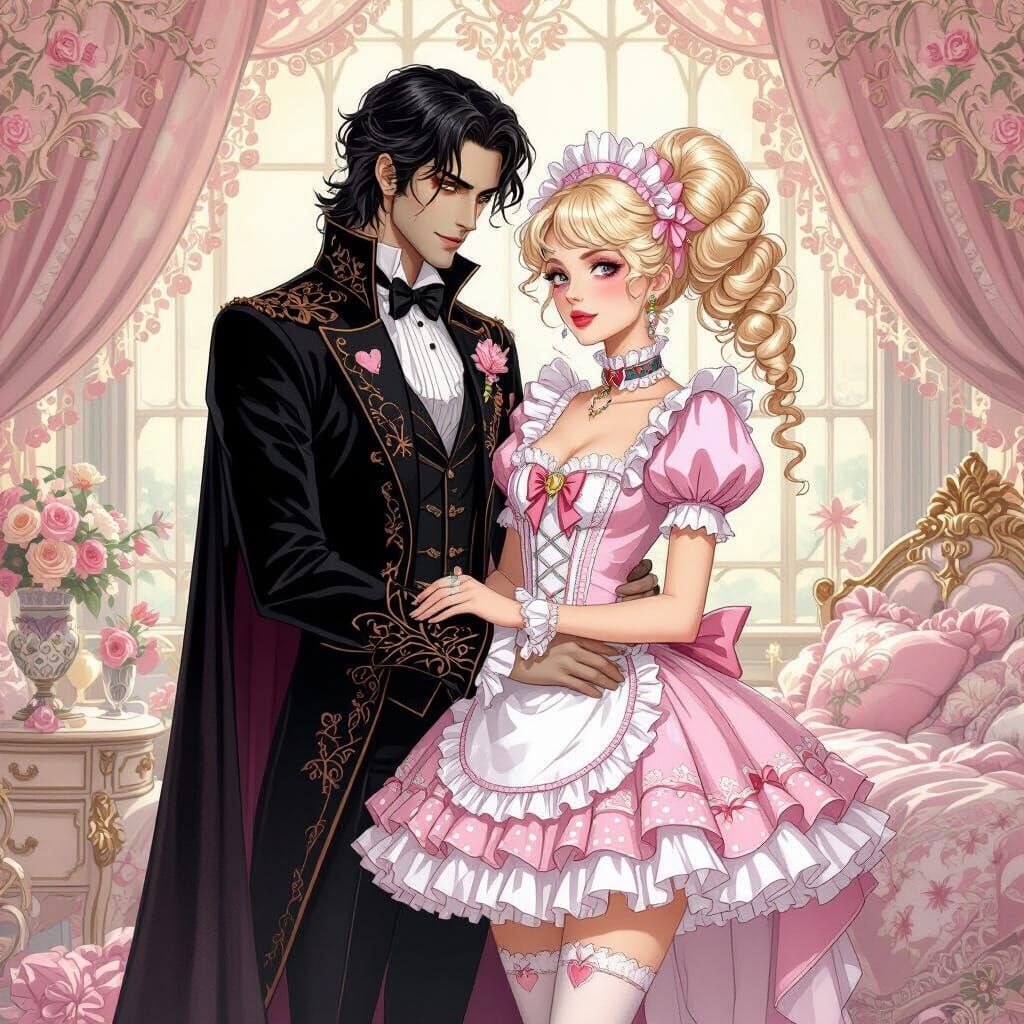 Vampire King and Maid in Alphonse Mucha Style