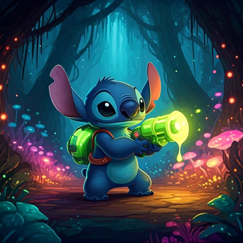 Stitch in Bioluminescent Forest with Slime Gun