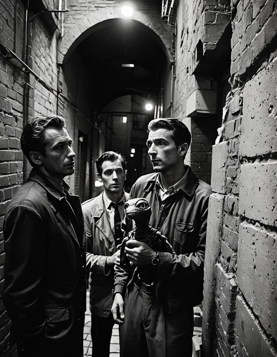 Noir Image of Men Holding an Alien in Alley
