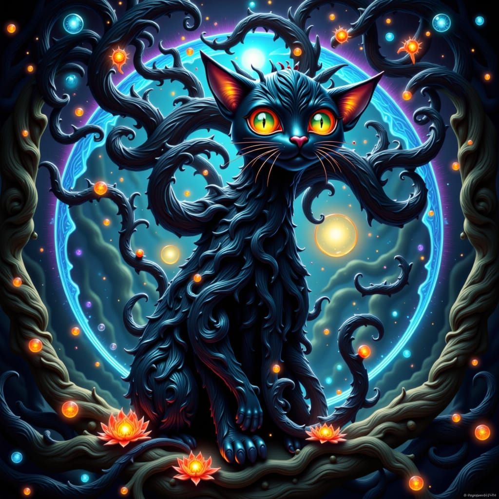 Bioluminescent Cat Amidst Ethereal Portals