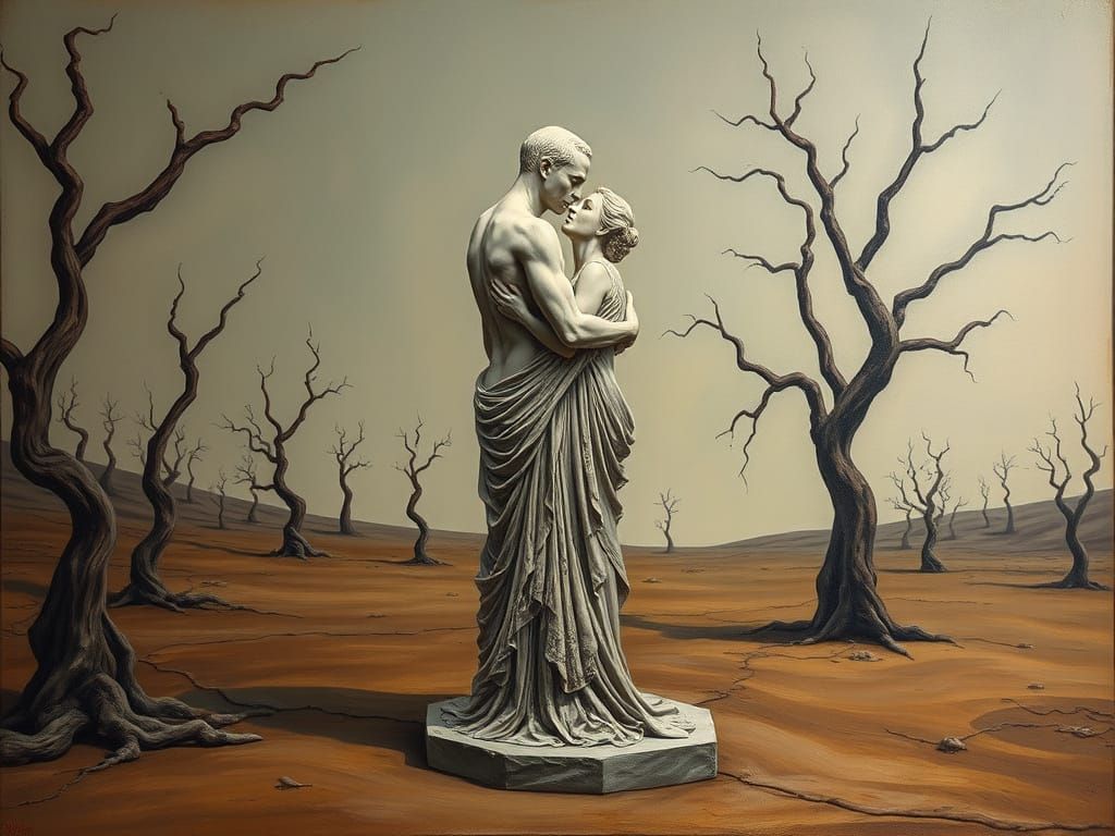 Surreal Sculpture of Embracing Figures in Dreamscape