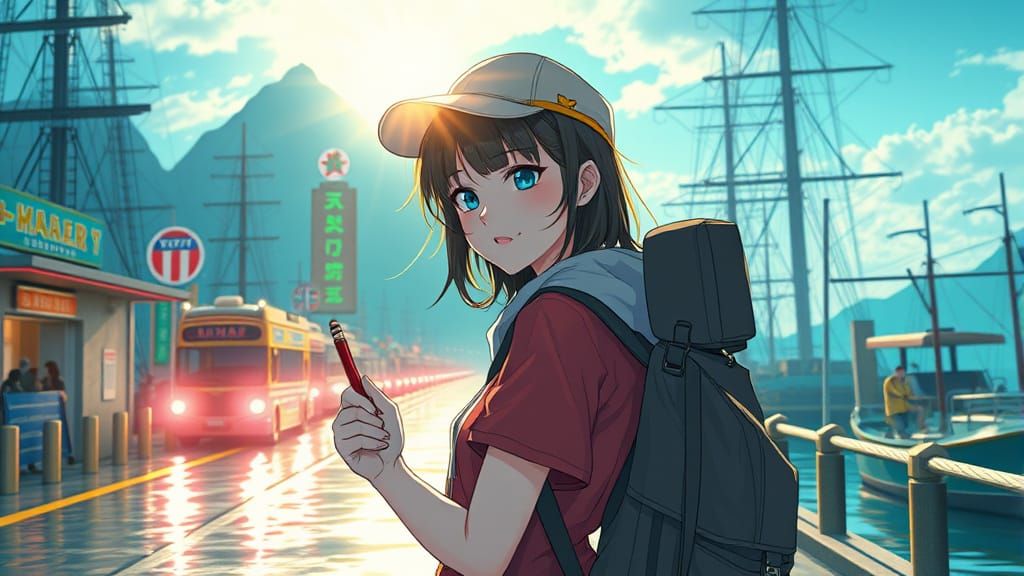 Explorer Girl at Harbour in Anime Style
