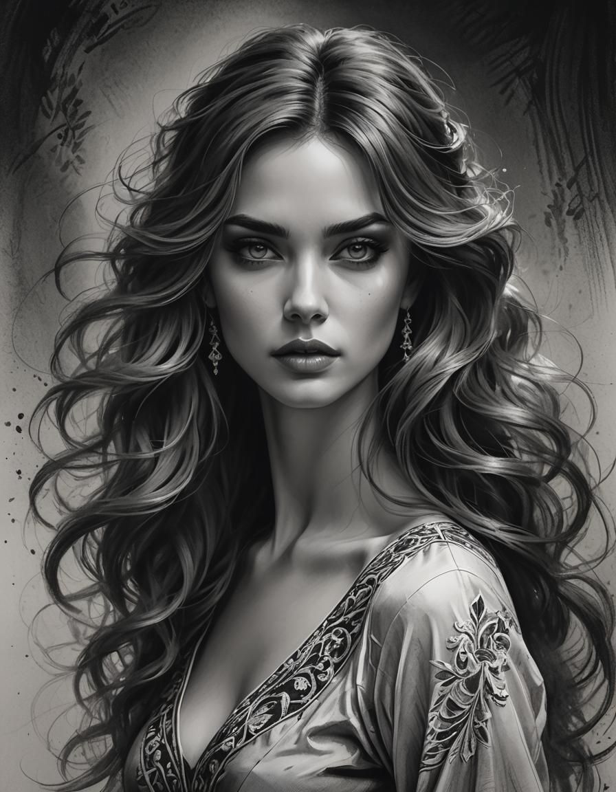 Elegant Woman: Detailed Charcoal Sketch Portrait