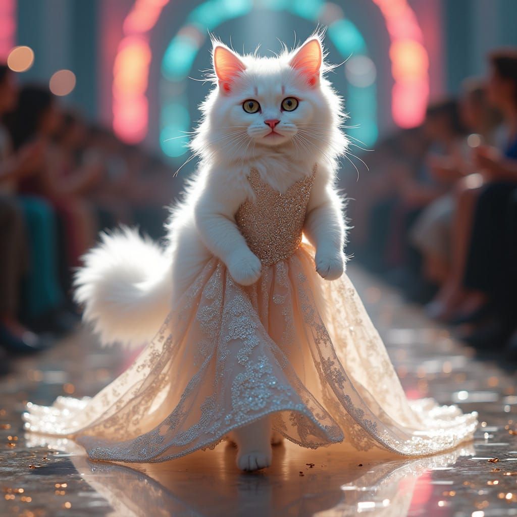 Elegant Feline Runway Star in Sparkling Evening Gown