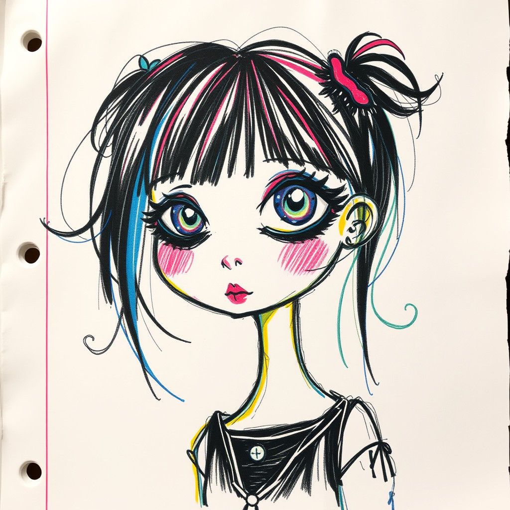 Colorful Whimsical Goth Girl Sketch on Notebook Paper
