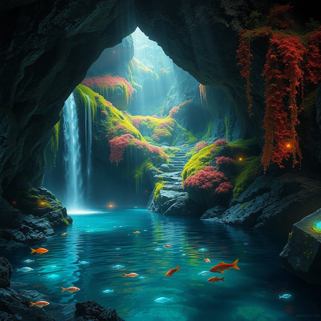 Mystical Cave Waterfall in Vibrant, Glowing Mossy Landscape