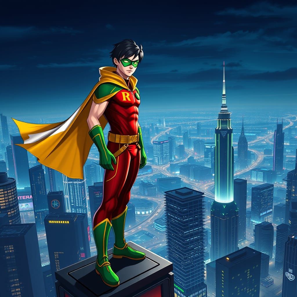 Robin in Cyberpunk Cityscape, Anime 3D Art