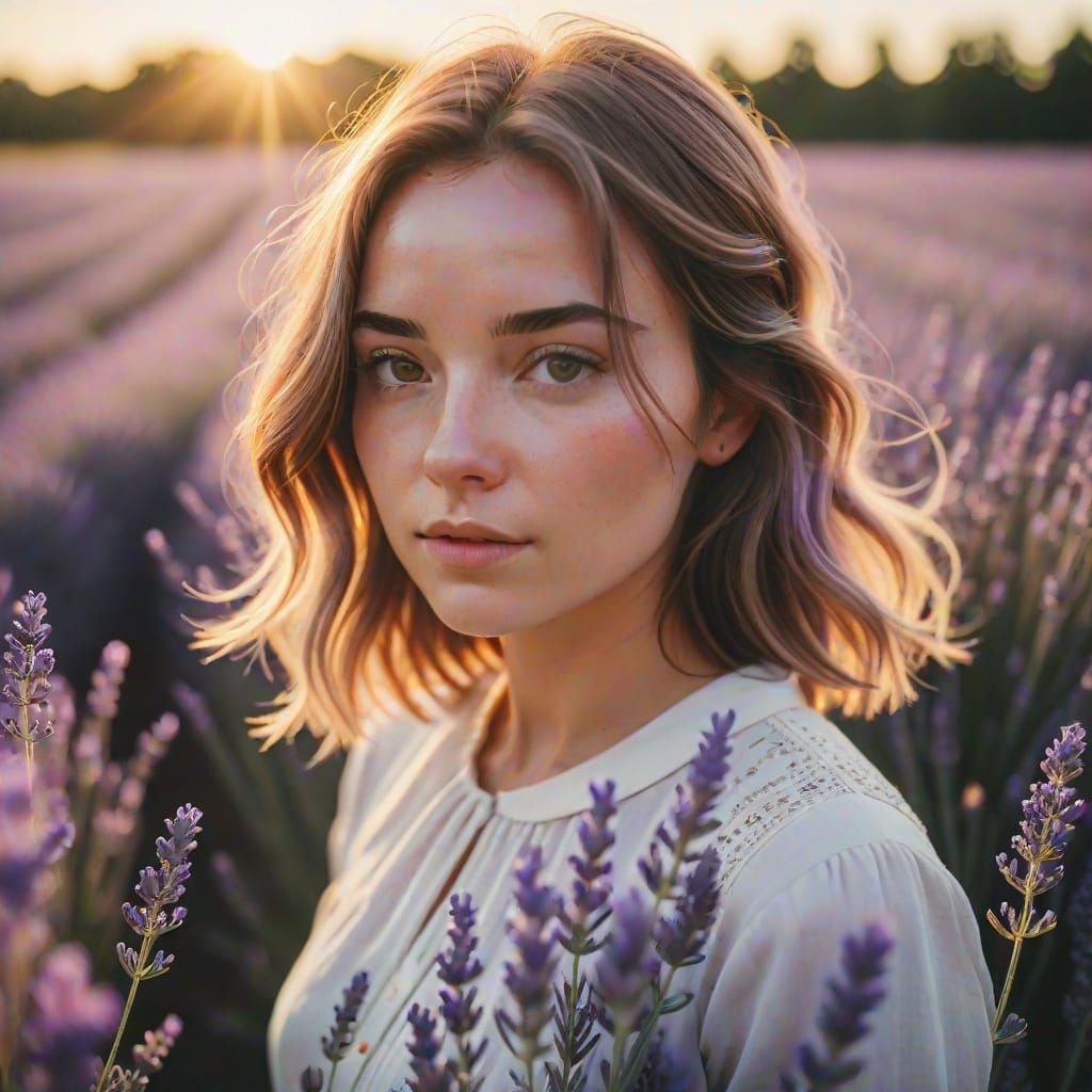 Girl in Lavender Field During Golden Hour