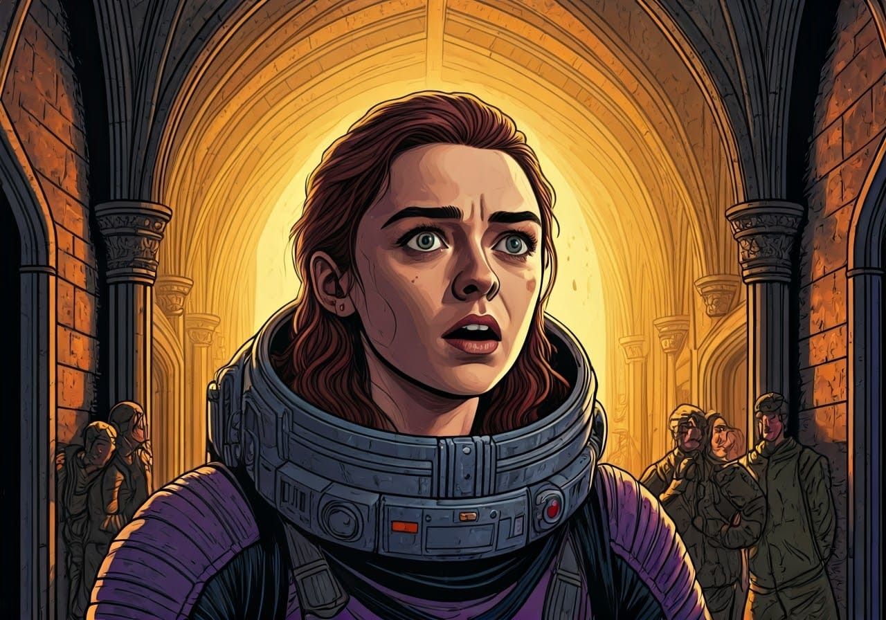 Ashildr in Medieval Space Suit, Surprised in Torch-Lit Corri...
