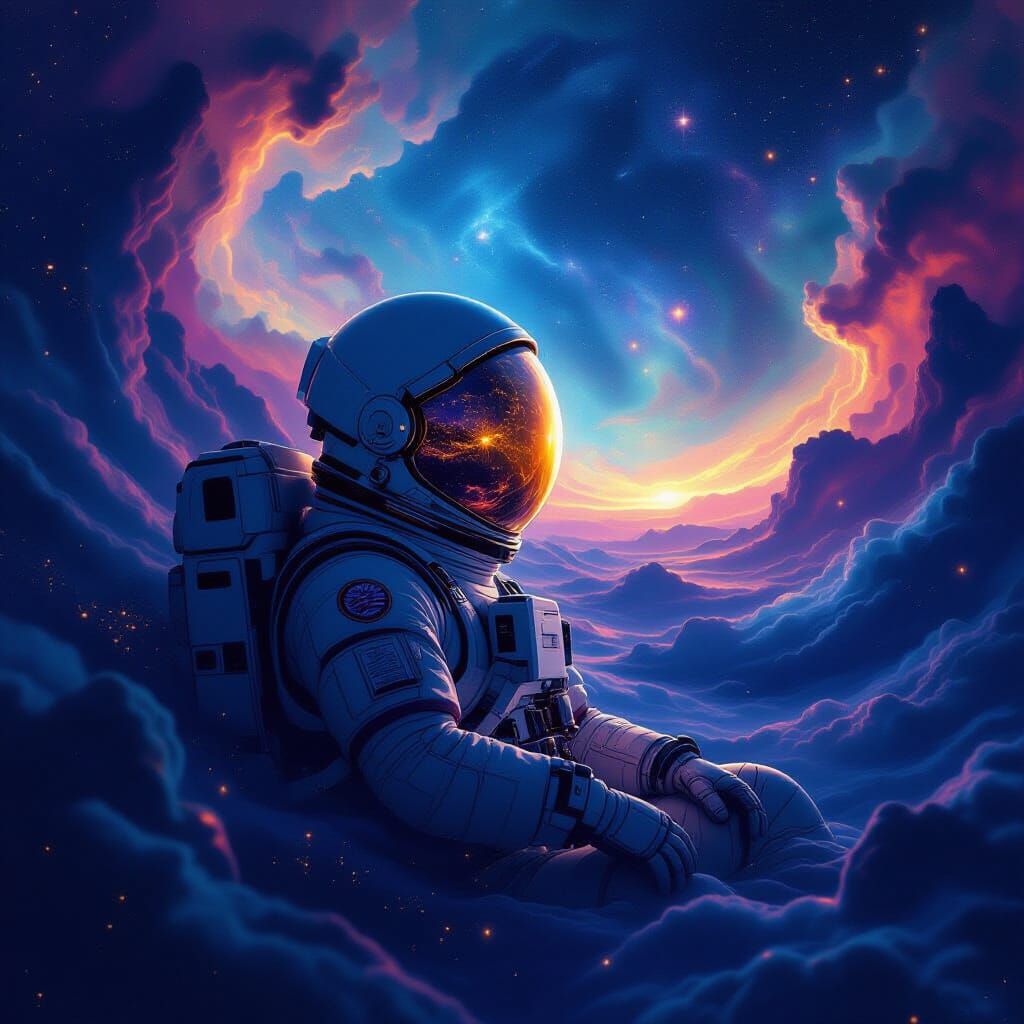 Astronaut Adrift in Cosmic Sea, Nebula Swirls
