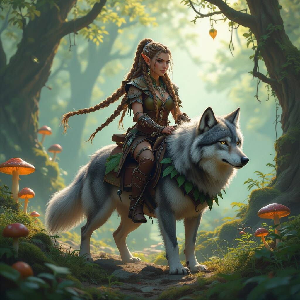 Gnome Druid Rides Wolf Through Mystical Forest