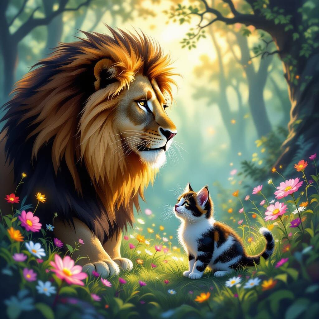 Calico Kitten Protected by Majestic Lion in Magical Forest