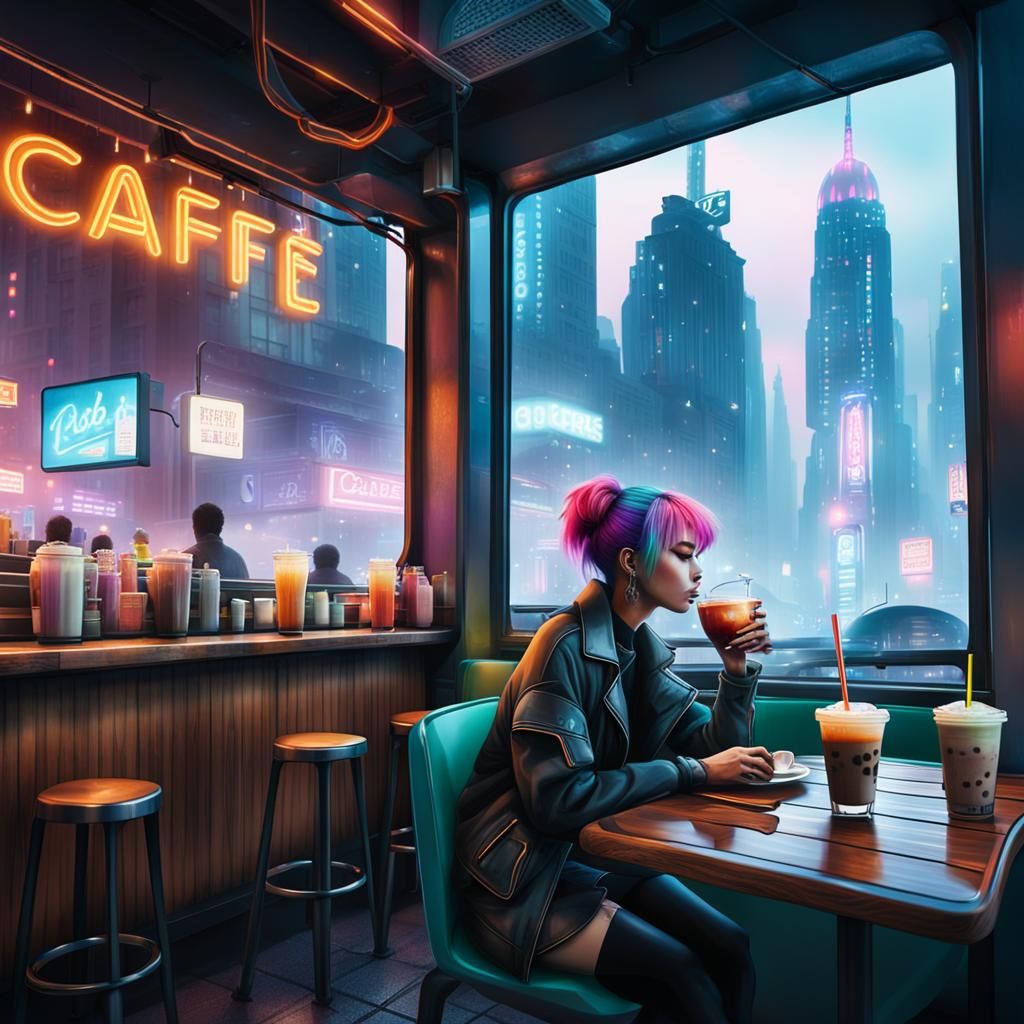 Cyberpunk Café: Girl Sipping Tea in Neon Cityscape