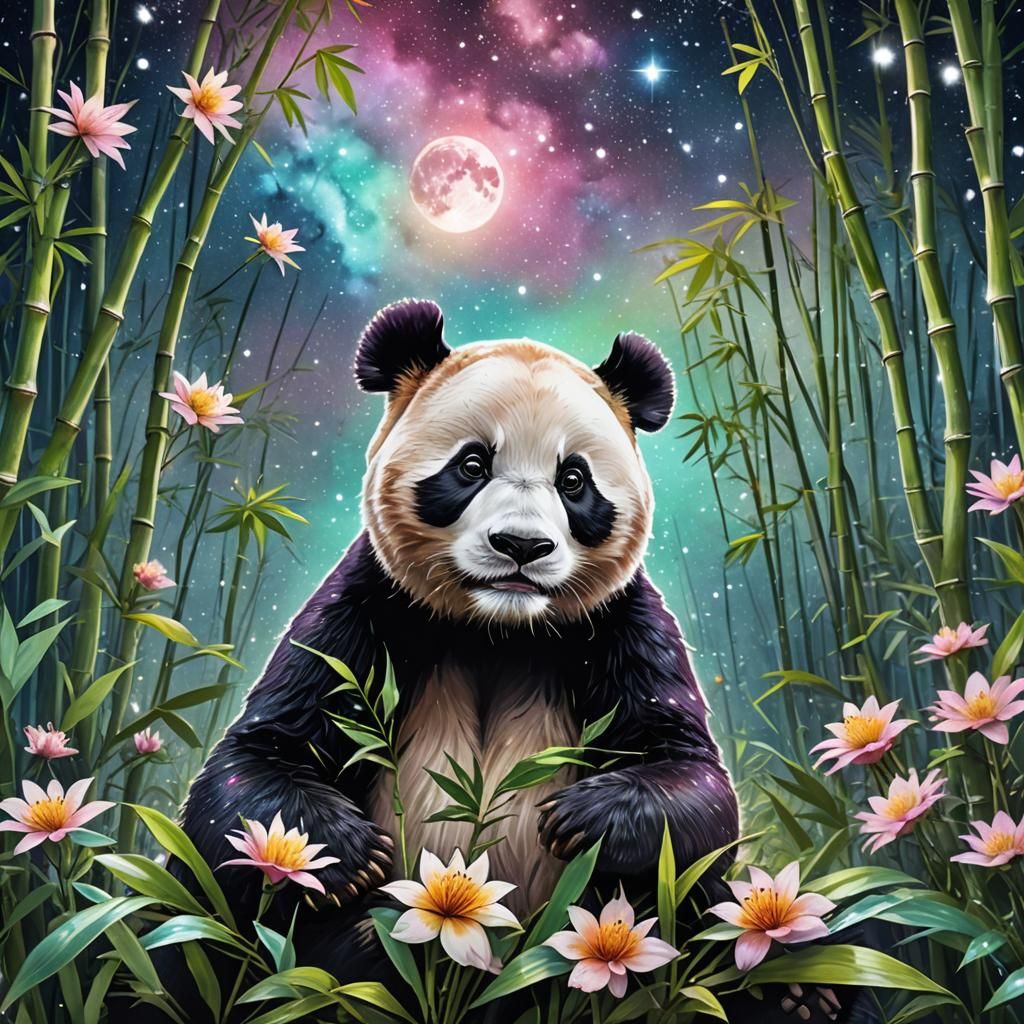 Panda in Bamboo Forest with Flower Crown