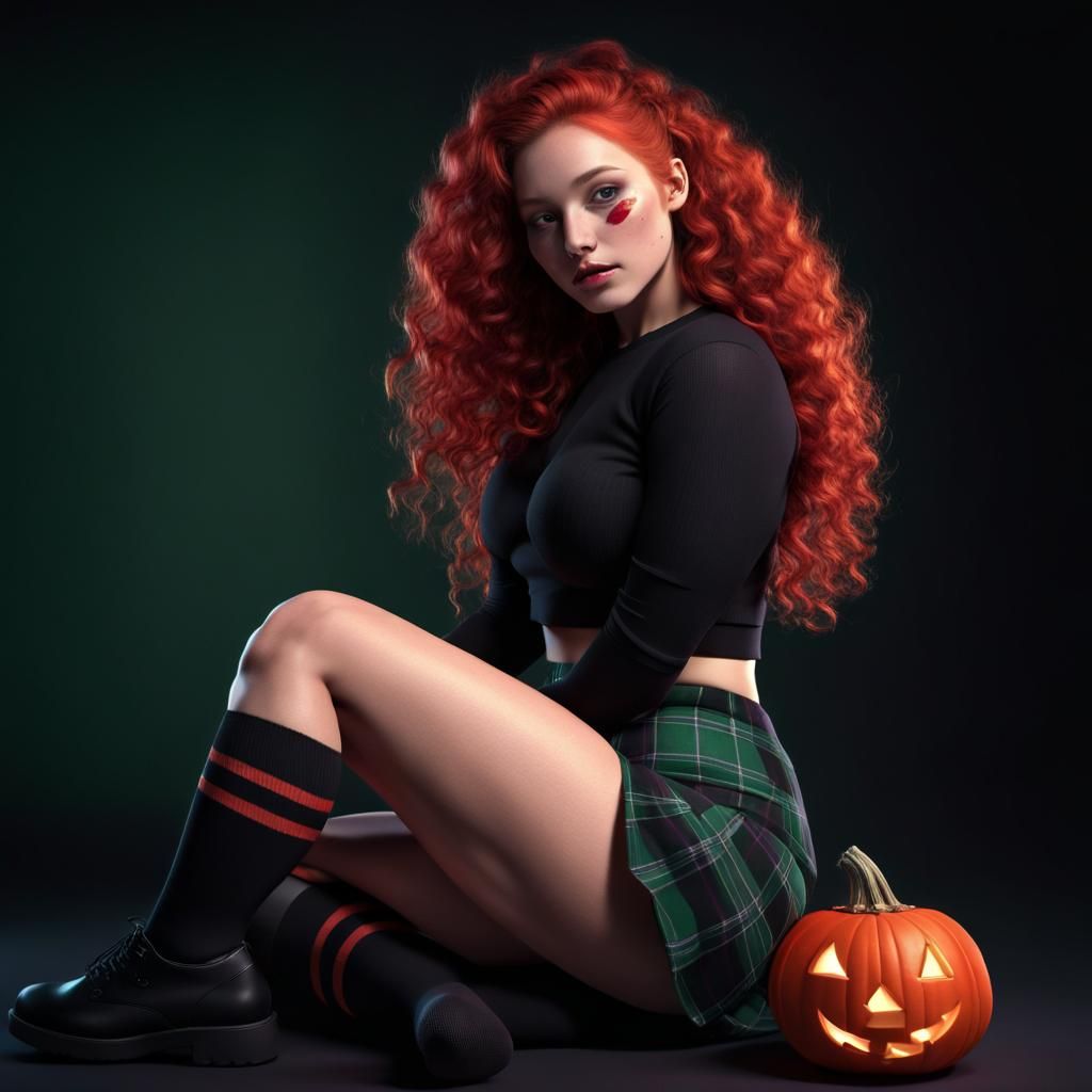 Petite Redhead with Jack-o'-Lantern in Dramatic Lighting
