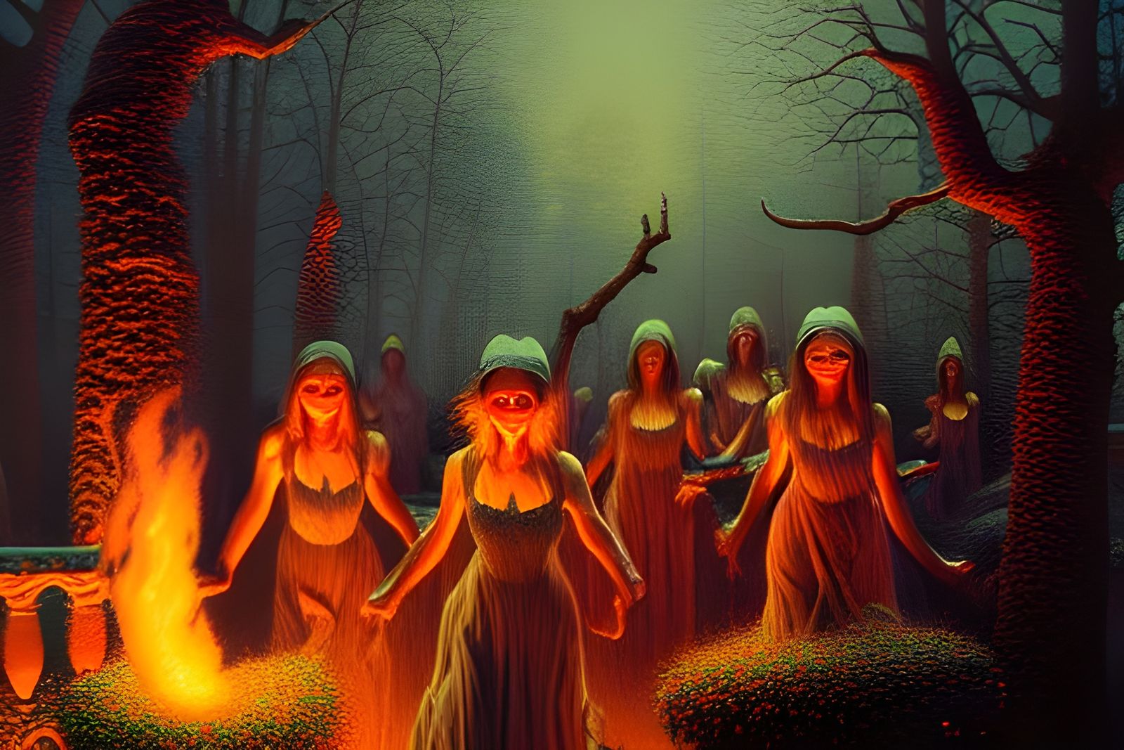 Witches' Coven Dance in Hyperrealistic Fantasy Style