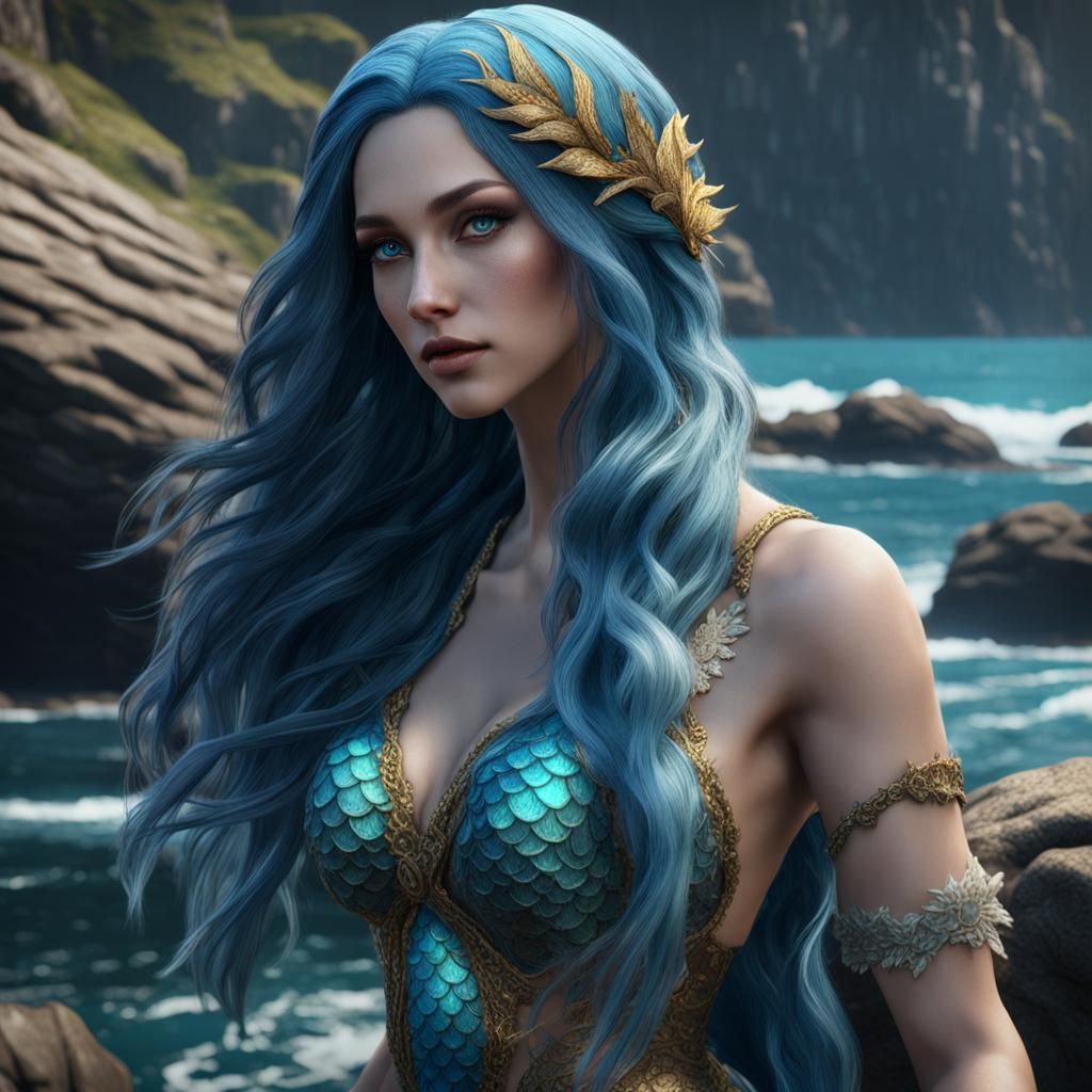 Beautiful Mermaid Resting on a Rock in 3D