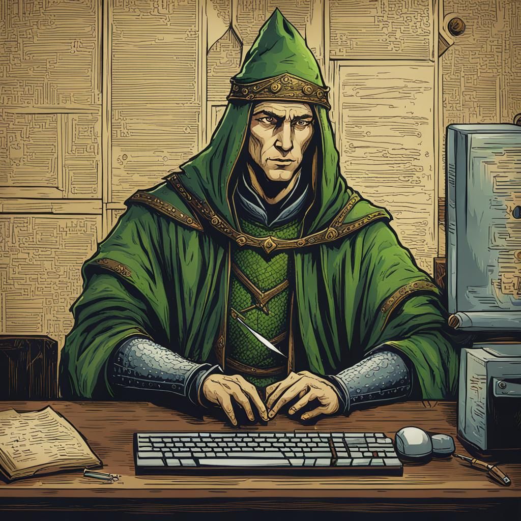 Medieval Elf Computer Hacker in Action