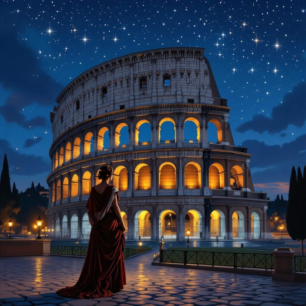 Roman Colosseum at Night in Dramatic Lighting