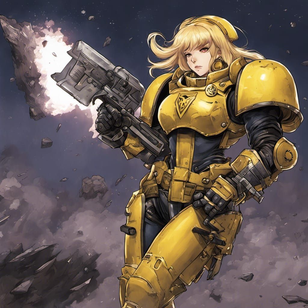 Anime-Inspired Blonde Space Marine in Yellow Armor