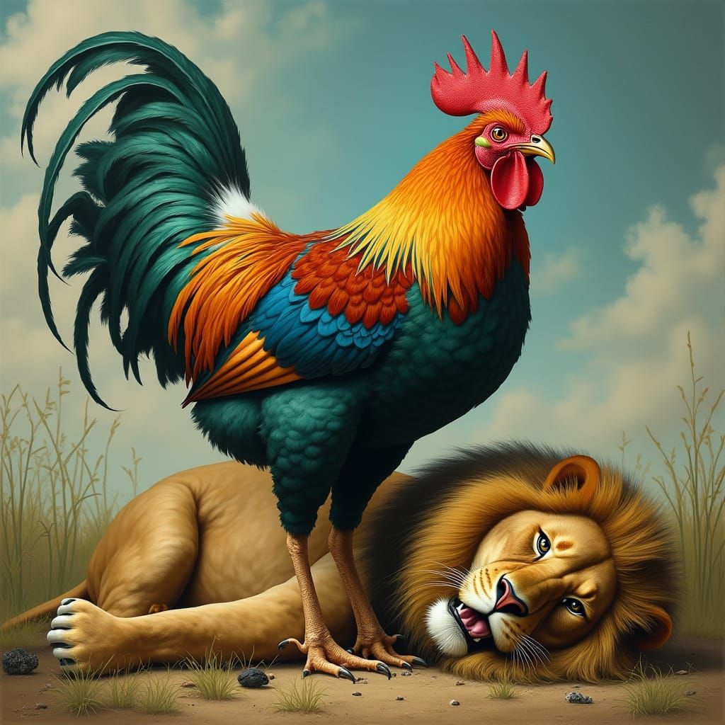 Chicken Dominates Defeated Lion in Vibrant Surreal Scene
