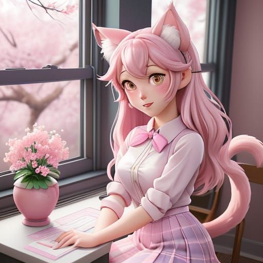 Pastel Anime Schoolgirl Girl with Feline Ears and Tail