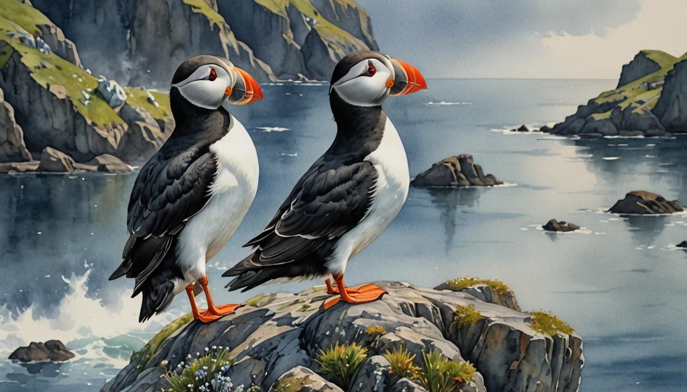 Hyperdetailed Puffin on Rock in Romantic Watercolor