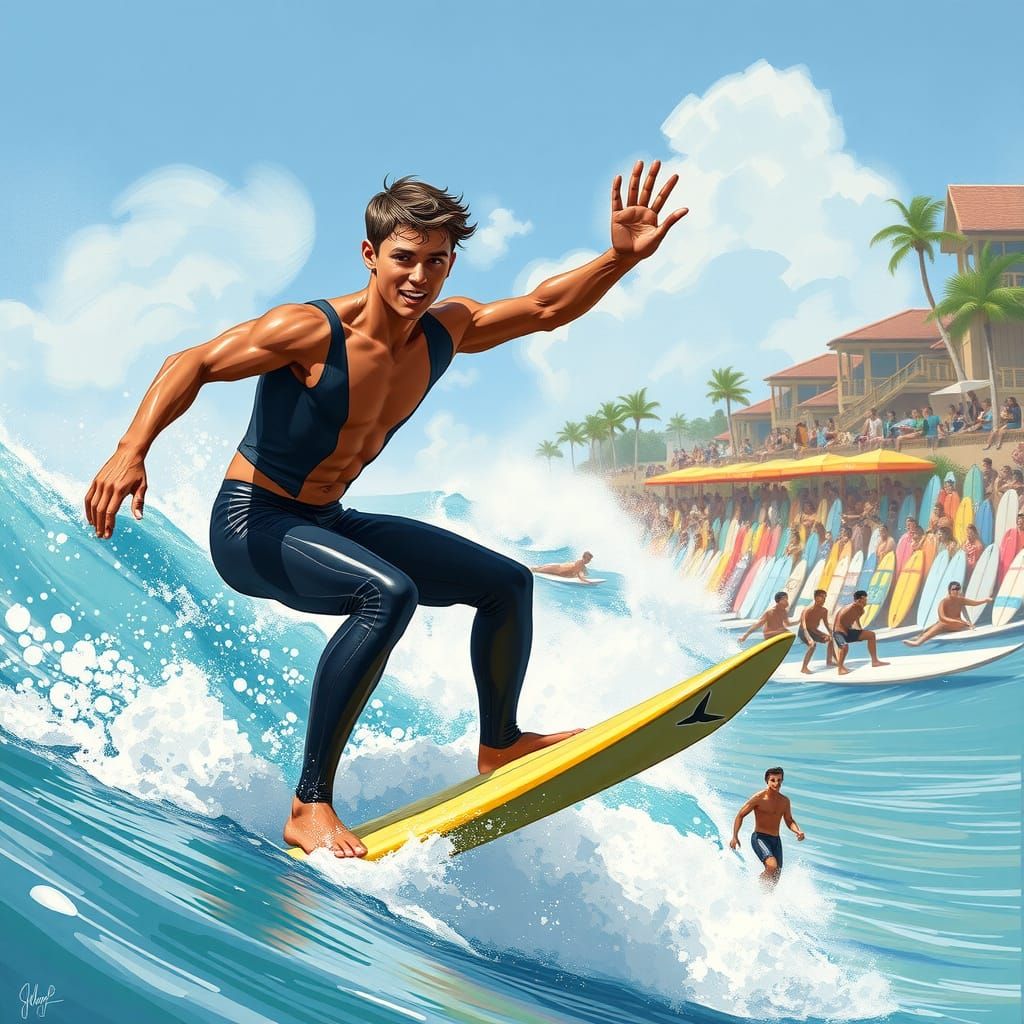 Muscular Surfer Performs Daring Aerial Maneuver in Surf Comp...