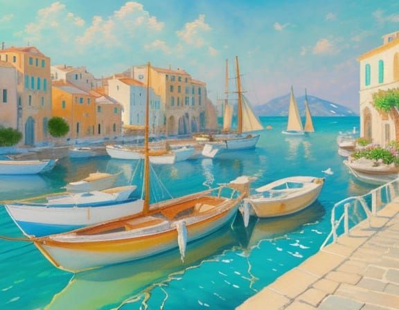 Greek Village Sailboats in Impressionistic Watercolor