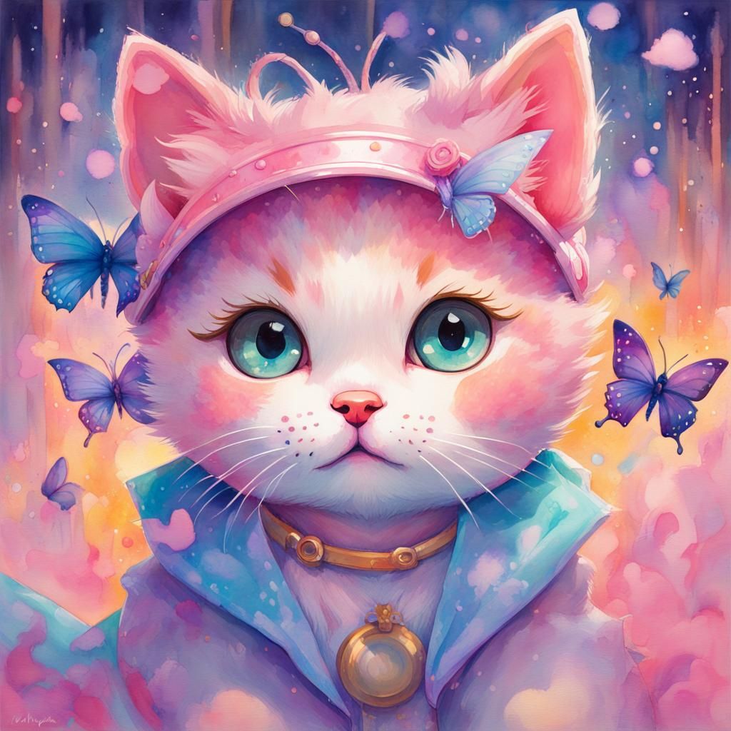 Butterfly Kitten in Gouache and Watercolor Style