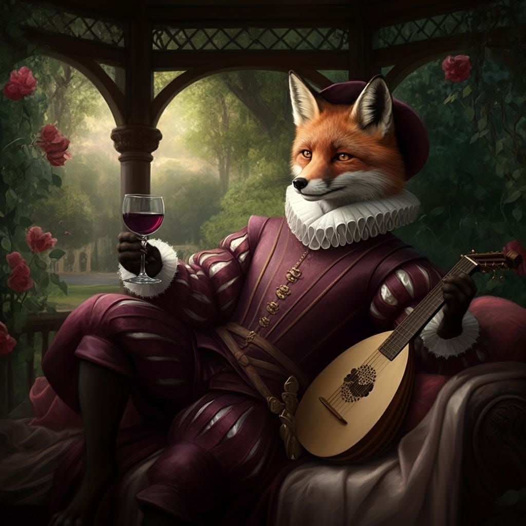 Renaissance Fox Sipping Wine in Garden Pavilion