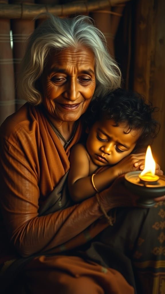 Elderly Mother Holds Sleeping Child in Warm Lamp Light
