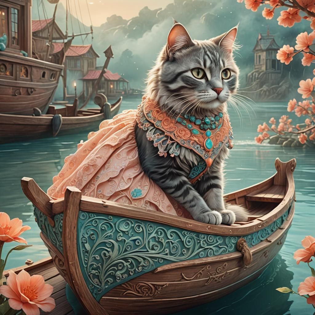 Cat in Boat: Whimsical Fantasy Illustration