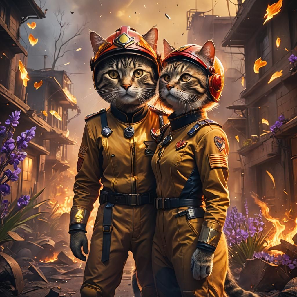 Cats in Love: A Matte Painting in Firefighter Uniforms