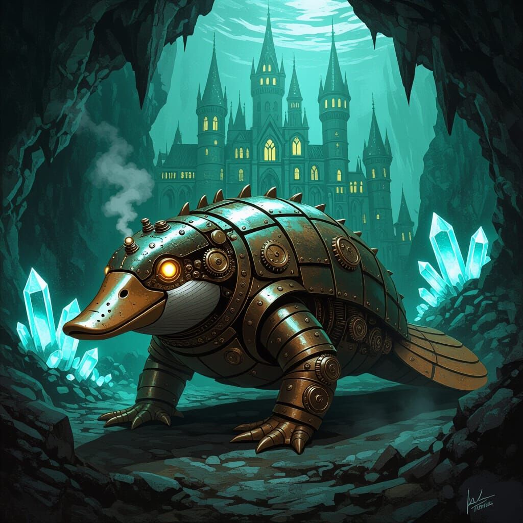 Steampunk Platypus Guarding Gothic Castle Cavern