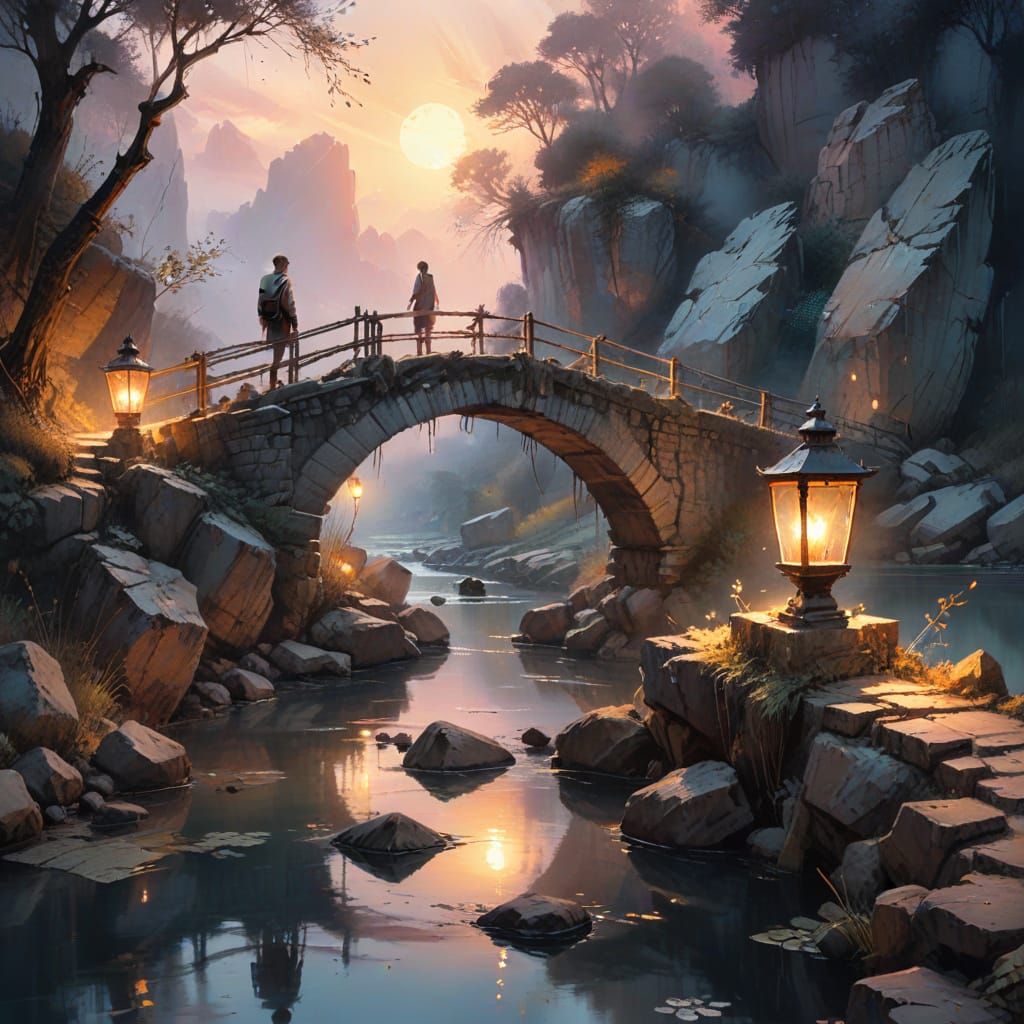 Ancient Bridge Crossing in Dreamy Watercolor Style