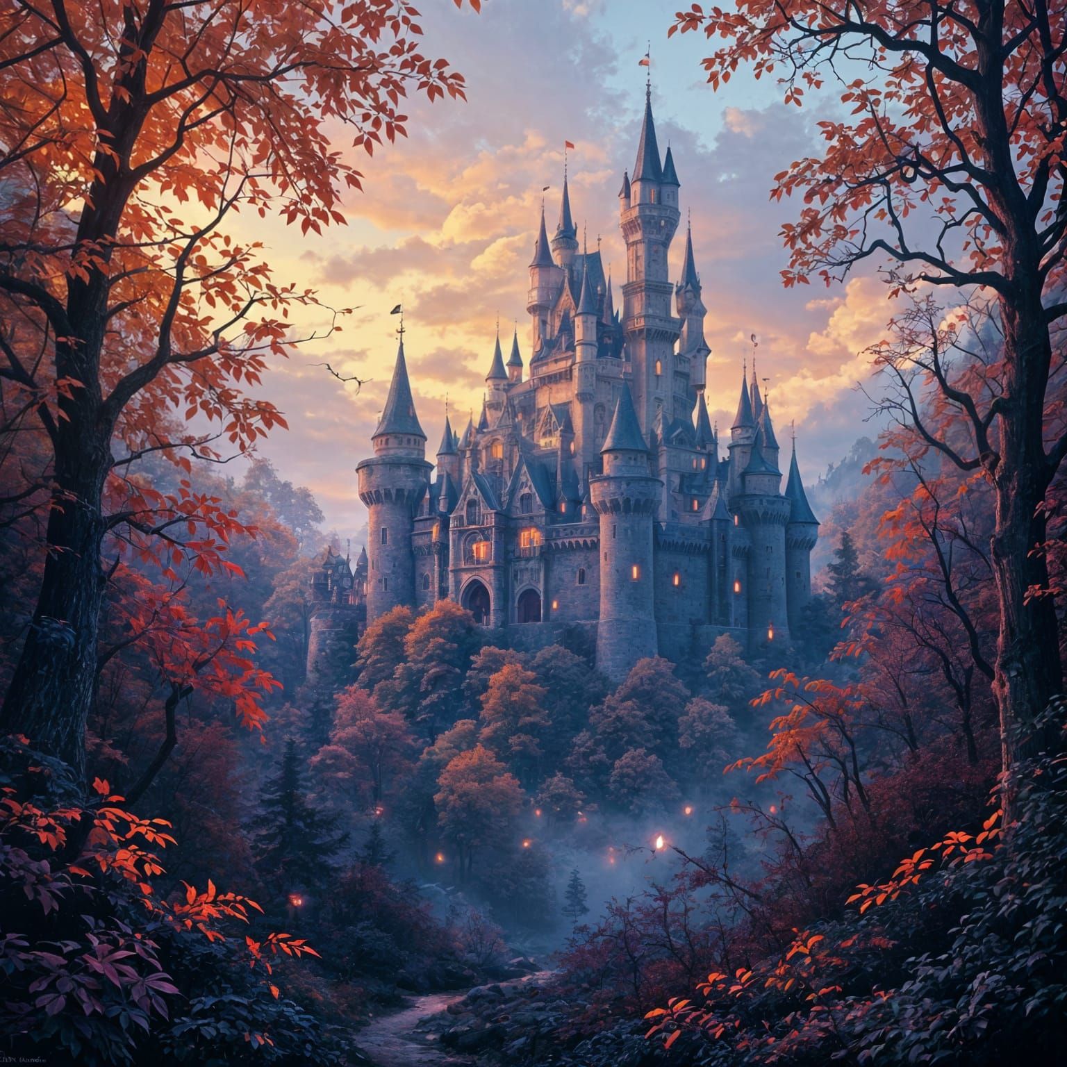 Majestic Castle in Forest with Glowing Spores