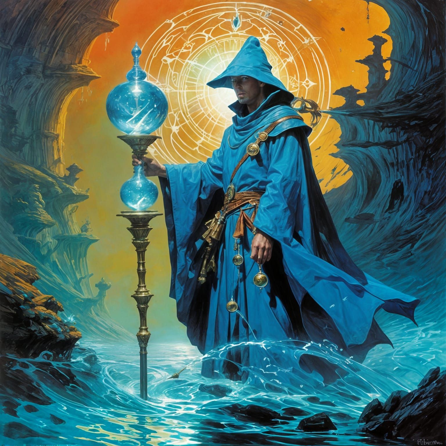 Water blue mage, holding magical glowing magical staff with ...