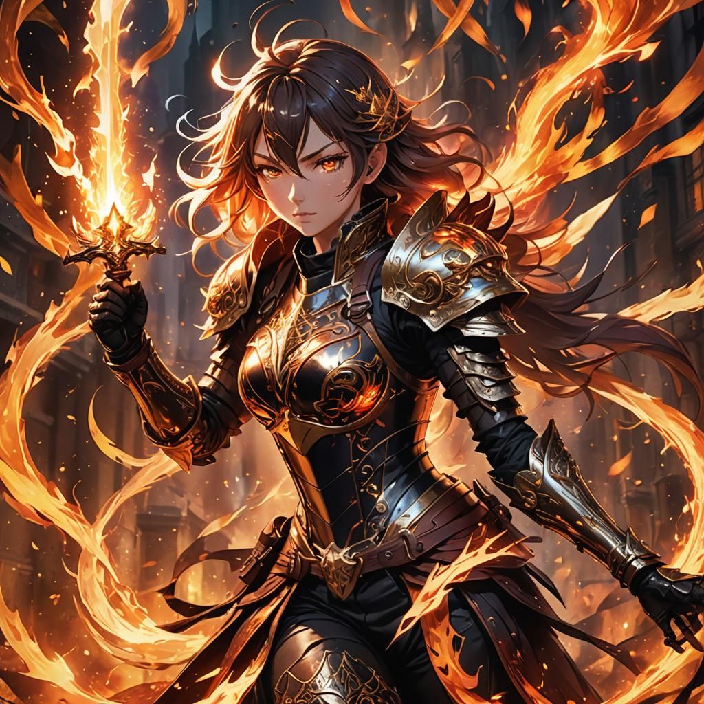 Anime Girl Summoning Fireball in Dynamic Splash Art