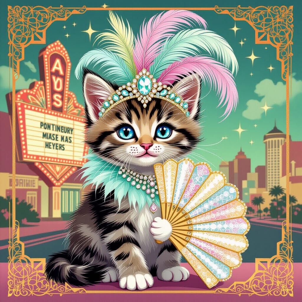 Vintage Kitten Showgirl in Retro Illustration Style