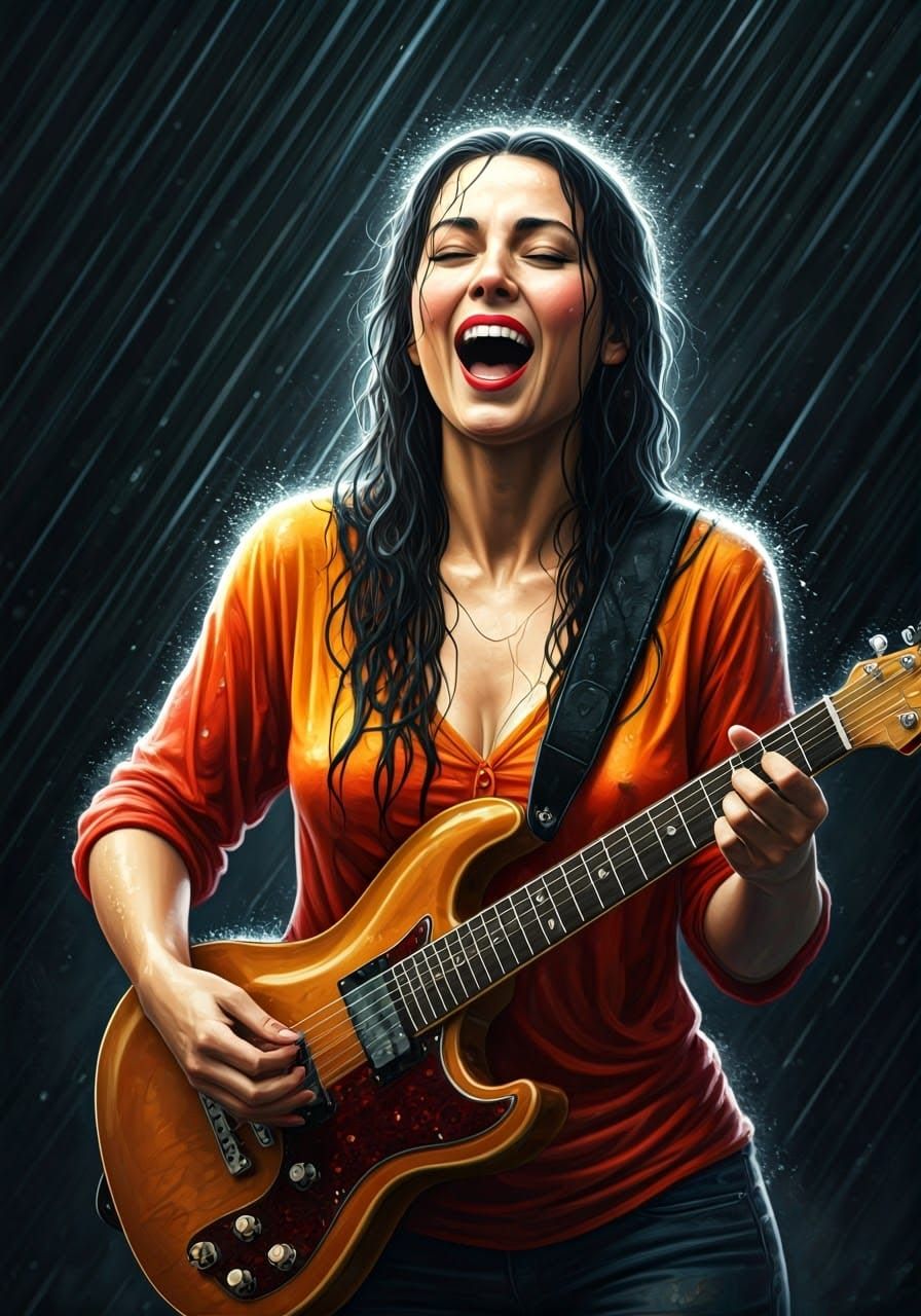 Vibrant Woman Sings in the Rain with Joyful Expression