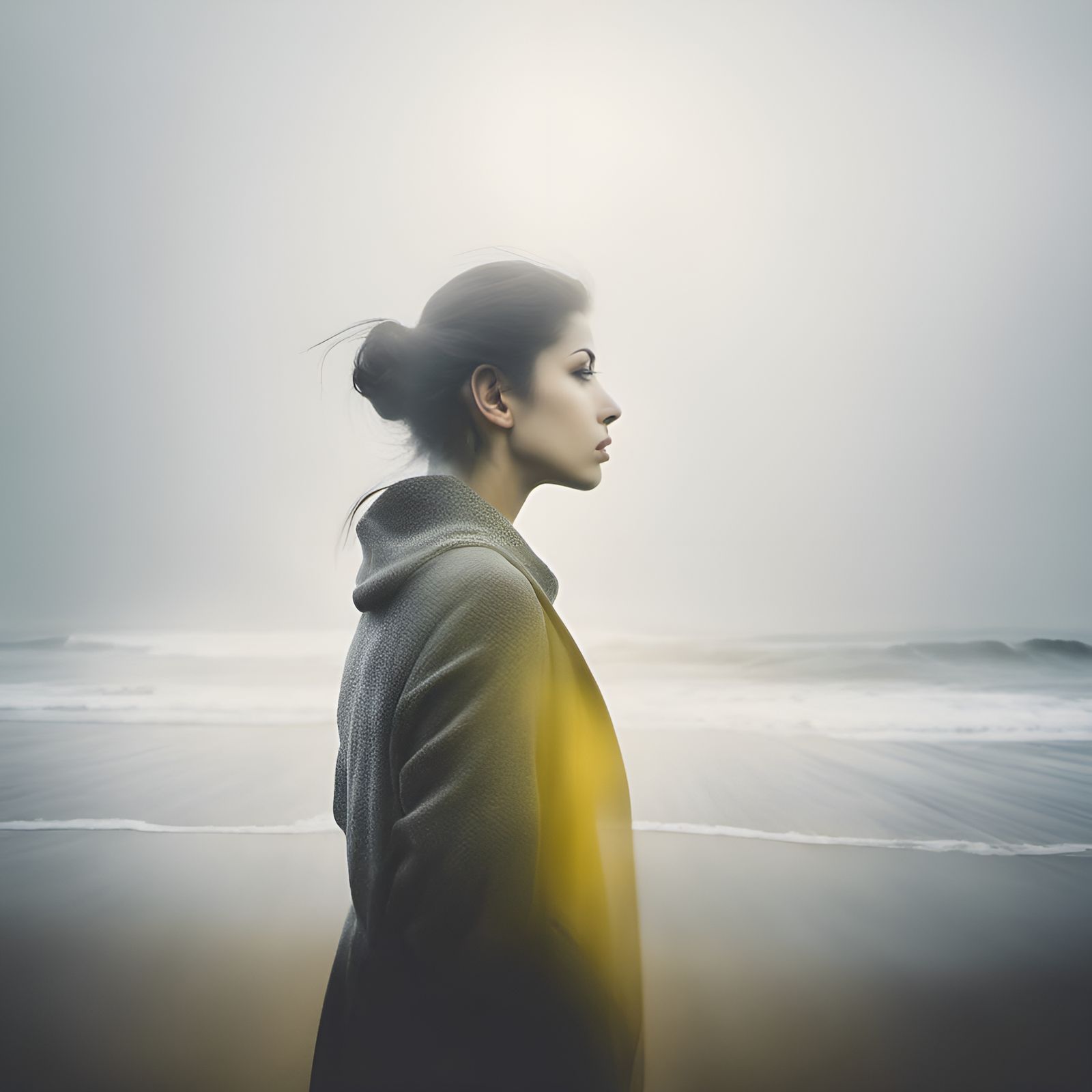 Soul on Misty Beach Double Exposure Portrait