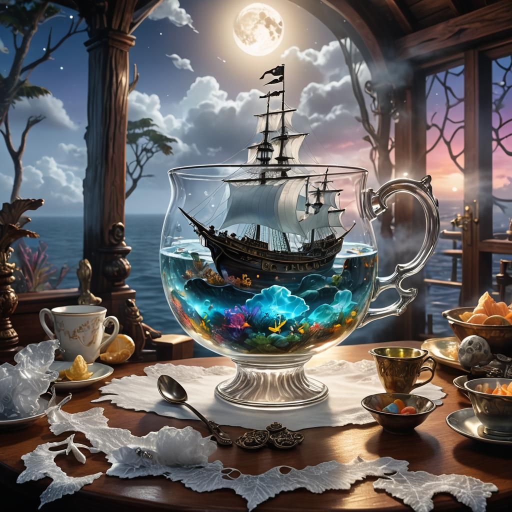 Ethereal Pirate Ship Sails Under Celestial Ocean