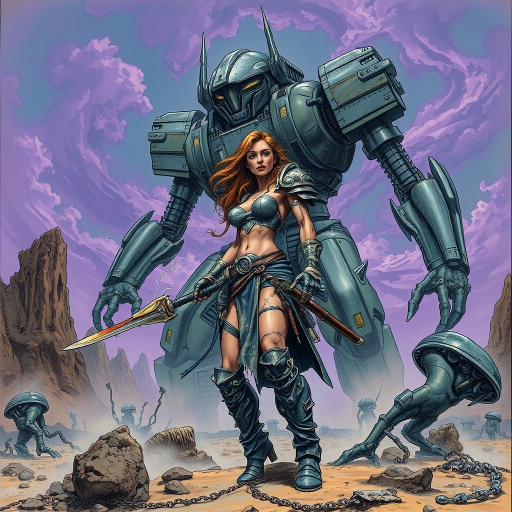 Female Warrior on Alien Battlefield with Robot Protector