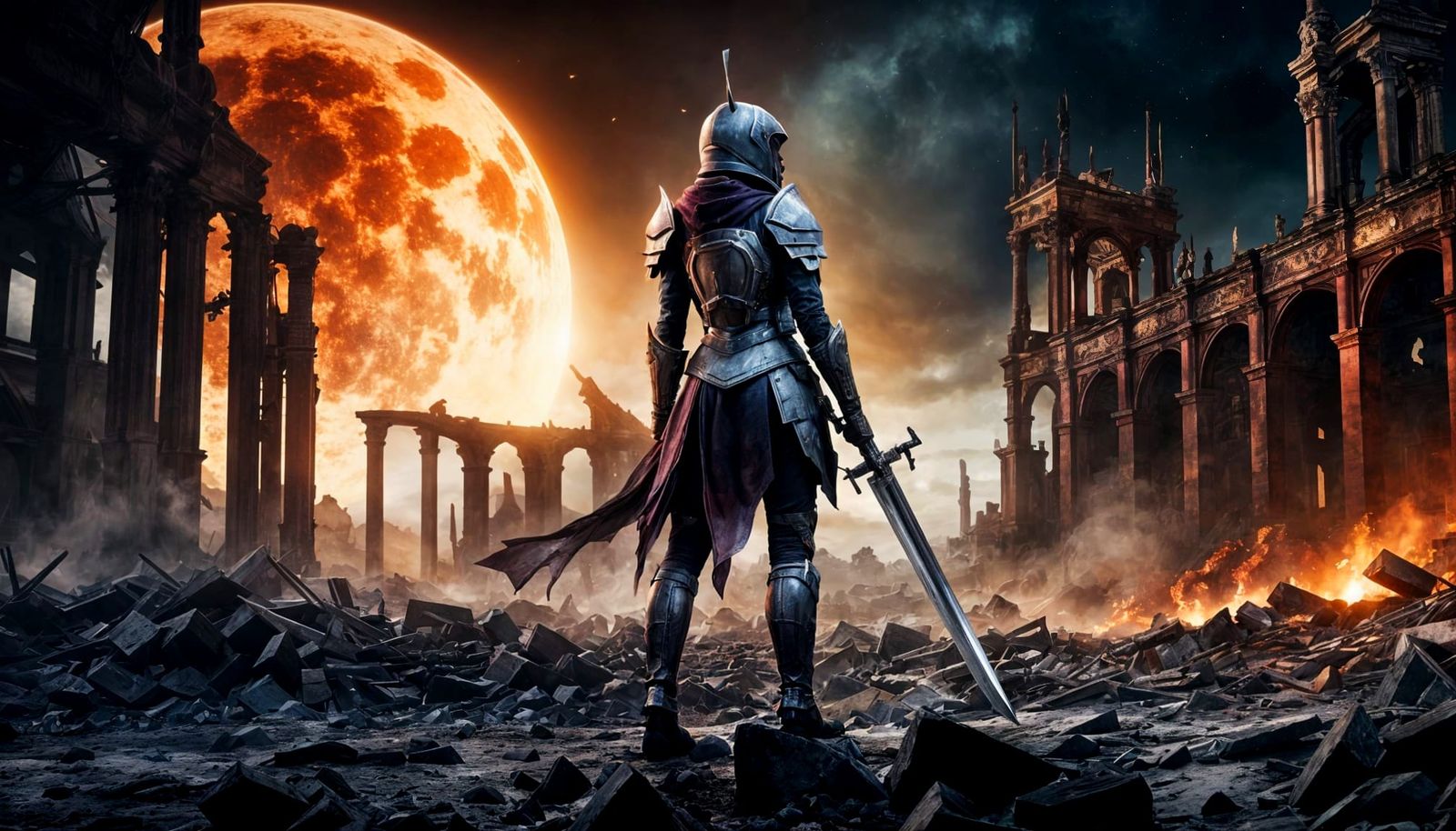 Apocalyptic Knight on a Battlefield, Watercolour Art