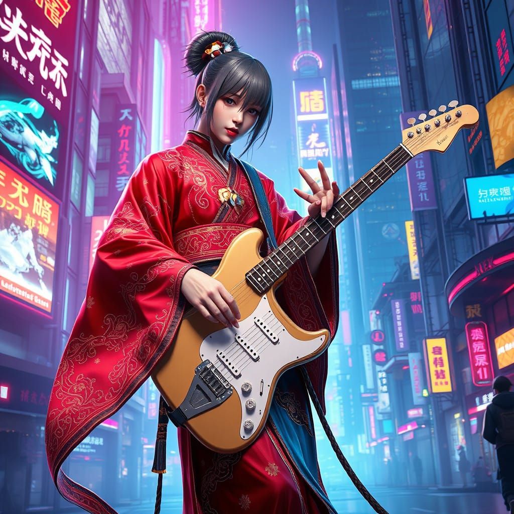 Cyberpunk Guitarist in Hanfu Amidst Neon Cityscape